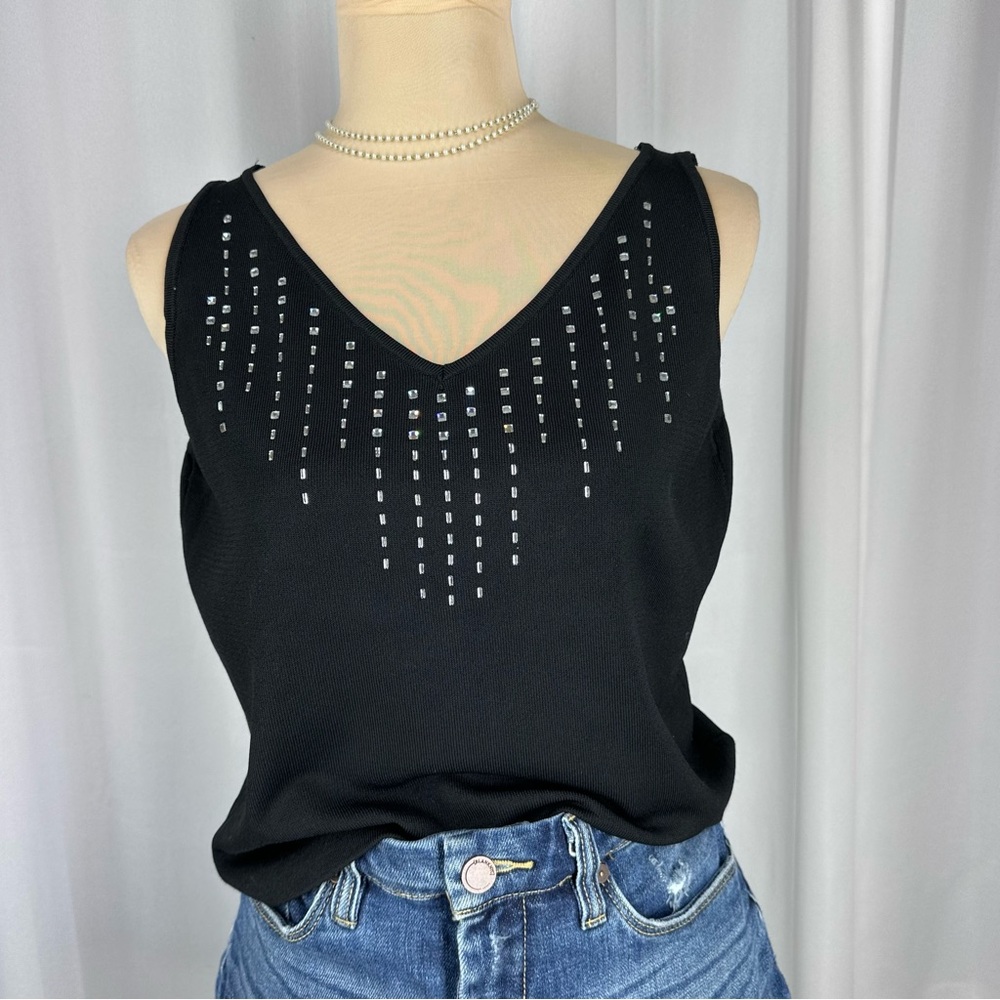 Vintage Black Knit Top Sz Lg‎ Knit Stretch Rhinestone Embellished Made In Italy